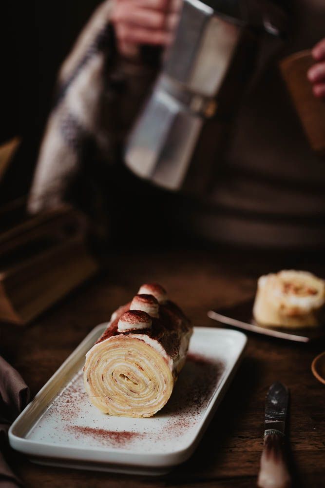 chandeleur, pâte à crêpes, buche de crêpes tiramisu, gateau roulé aux crêpes, facile, tiramisu, recette hiver, mascarpone, chantilly, café