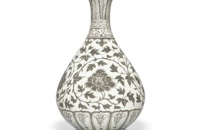A rare copper-red decorated pear-shaped ‘peony’ vase, yuhuchunping, Hongwu period (1368-1398)