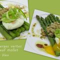 Asperges vertes, oeuf mollet et crumble au bleu