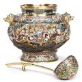 An Extremely Rare Russian Gilded Silver and Shaded Enamel Pictorial Punch Bowl and Ladle, Feodor Rückert, Moscow, circa 1910