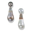 A superb pair of natural pearl and multi-gem ear pendants, by Etcetera