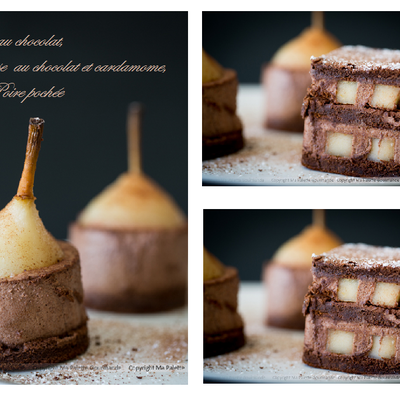 Gâteau au chocolat, mousse chocolat-cardamome et poire pochée