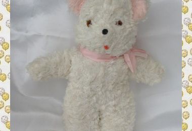 Doudou Peluche Ours Vintage Blanc Noeud Oreilles Et Pieds Rose Yeux Marron 