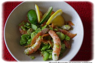 SALADE DE FEVES, TRUITE FUMEE ET CREVETTES