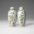 A pair of famille verte oviform jars and fixed covers, Kangxi
