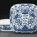 A large blue and white cushion-form box and a cover, Wanli six-character mark in underglaze blue and of the period (1573-1619)