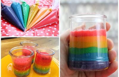 Gâteau arc-en-ciel en bocal (rainbow cakes in a jar, recette + vidéo )