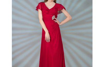 Red Chiffon Cap Sleeve Prom Dress