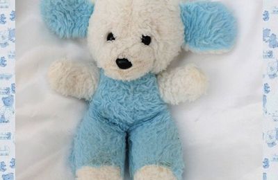 Doudou Peluche Chien Bleu Et Blanc Vintage 23 cm