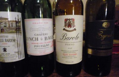 Lynch-Bages 2000, Léoville Barton 2000, Simon Maye : Syrah vieilles vignes 2011, Elio Sandri : Barolo Perno 2010