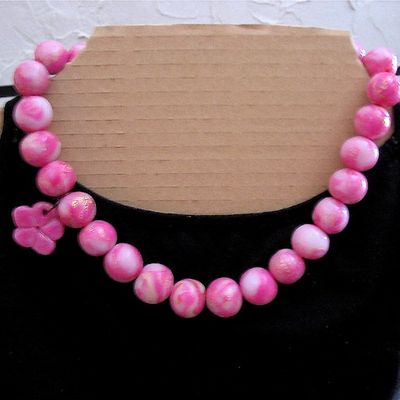 Collier grosses perles Fimo avec feuille d'or - Technique du Mokumé
