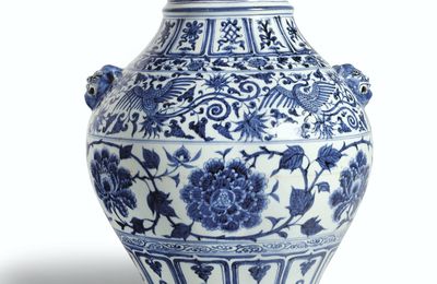 A rare blue and white 'peony' jar, Yuan dynasty 