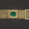 An antique emerald, diamond, ruby and silk belt, early 20th century