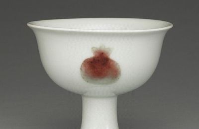 Stemcup with underglaze copper red  decoration of three fruits.  Ming dynasty, Xuande reign (1426-1435)