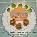 Lotte au chorizo, purée de haricots blancs et choux de Bruxelles