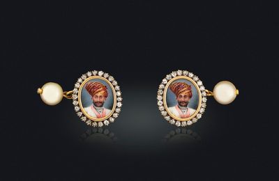 A pair of antique enamel, diamond and pearl cufflinks, early 20th century