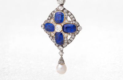 Sapphire, diamond and natural pearl pendant, late 19th century