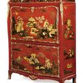 A Louis XV ormolu-mounted Chinese red and gilt lacquer and vernis Martin secrétaire à abattant. Attributed to Francois Rubestuck