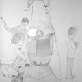 un de mes premiers dessin (2007), un clin d'oeil à Norman Rockwell, mes neveux, mes enfants et mon chat