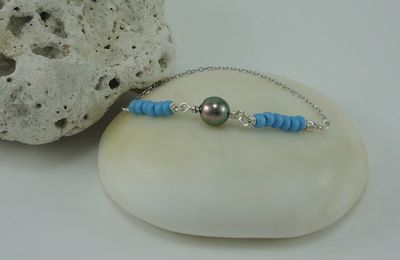 Bracelet argent, perles Miyuki et perle de Tahiti