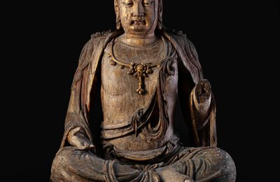 An Important and Exceptionally Rare Large Wood Figure of a Bodhisattva, Jin Dynasty (1115 – 1234 AD)