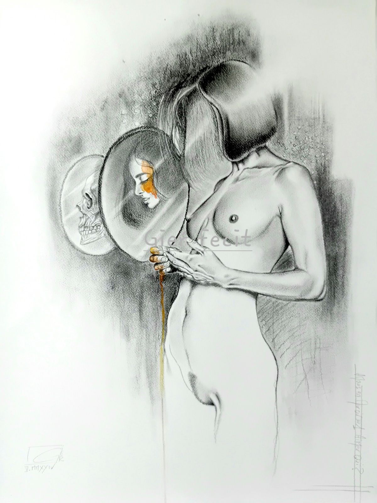 Dessin, nu féminin, 3 portraits. Crayon, fusain, pierre noire et aquarelle. 