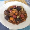 Lentilles aux chorizos et boudins noirs au vin rouge