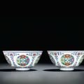 A pair of doucai 'floral medallion' bowls, Yongzheng six-character mark within double circles and of the period (1723-1735)