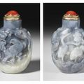 A well-carved grey and white jade snuff bottle, 1750-1850
