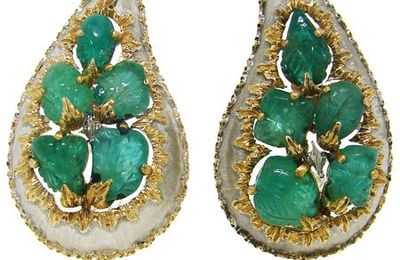 Buccellati. Carved Emerald & Two-tone Gold Clip-on Earrings, Italy, 1990's