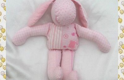 Doudou Peluche Lapin Tissu Rose Et Blanc Packword Rayures Fleurs Vichy 28 cm