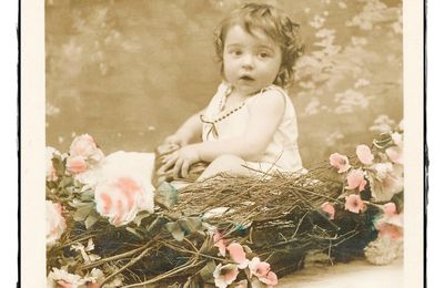 Bébé dans nid de fleurs vintage