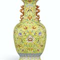 A magnificent yellow-ground famille-rose 'Anbaxian' sgraffiato vase with dragon handles, seal mark and period of Qianlong