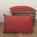 Coussins Velours Jacquard rouge/Lin naturel