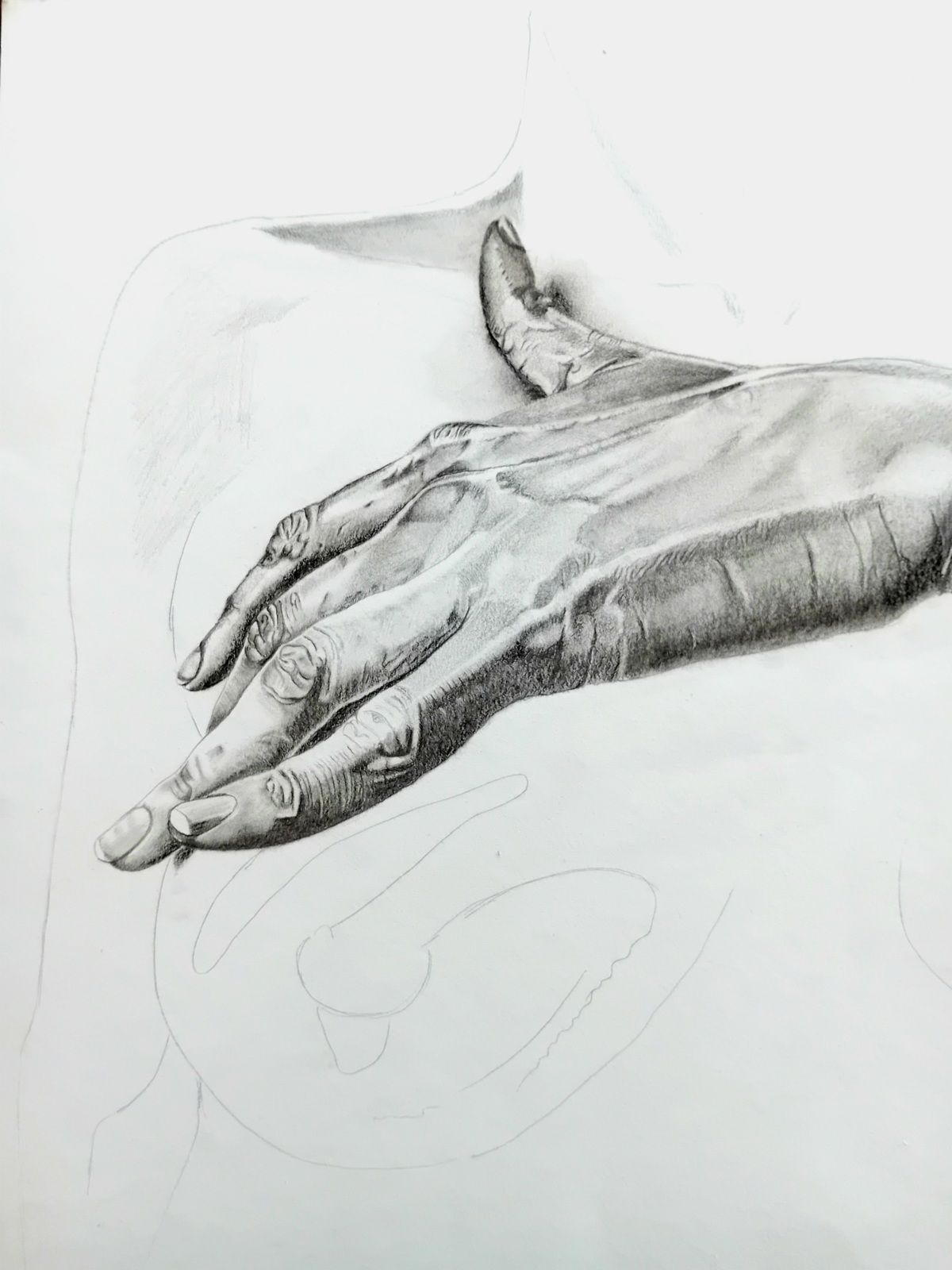 Dessin. Main, style réaliste. Inachevé. 