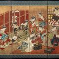 "Women of the pleasure quarters a Japanese painted screen on view at the British Museum