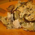 Crumble d'aubergines et de courgettes, dés de poulet au cumin