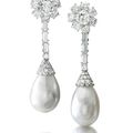 Pair of important natural pearl and diamond pendent earrings