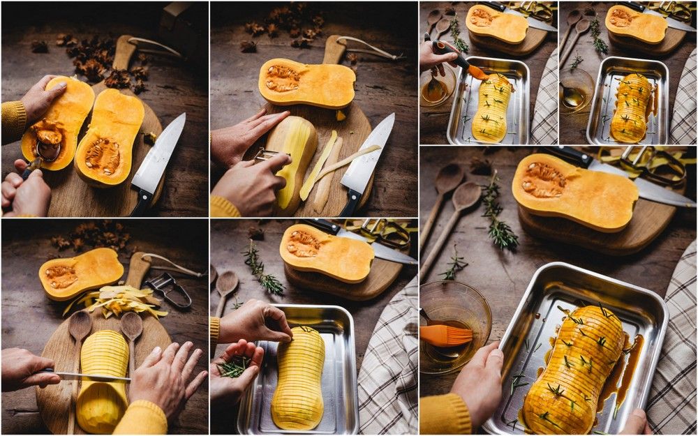 courge butternut rotie, au four, façon hasselback, miel, noel, feta, romarin, noisettes, facile, automne