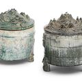 Two green-glazed pottery tripod incense burner, lian, Western Han Dynasty