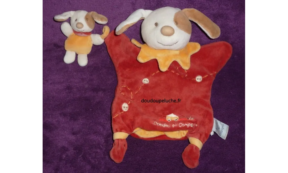 Doudou chien Hugo marionnette et son bébé, Doudou et compagnie, rouge jaune marron clair, ENVOI POSSIBLE