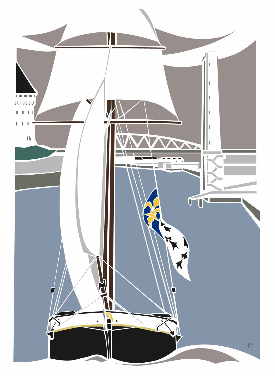 Voilier du patrimoine devant le pont de la Recouvrance à Brest. Découpe de papier