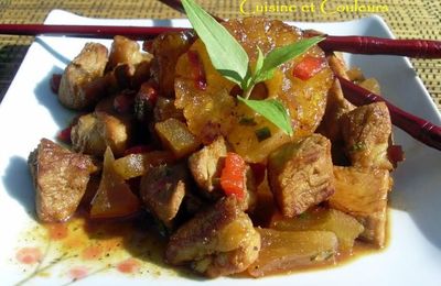 Quand le sucré s'invite chez le salé , Edition #13 : Bouchées de porc en aigre-douce aux pommes, poires et ananas séchés 