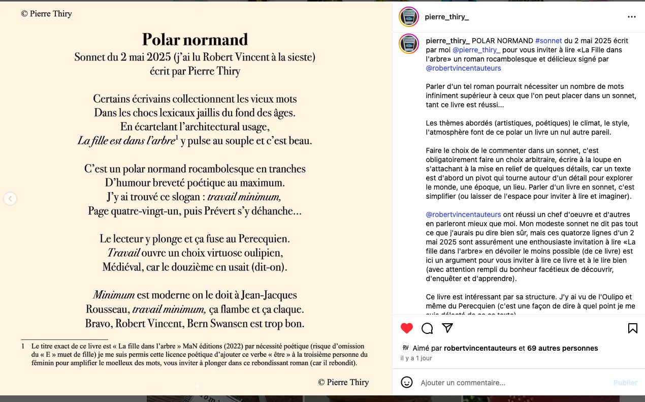 Sonnet de Pierre Thiry sur La Fille dans l'arbre, roman de Robert Vincent, intitulé Polar normand