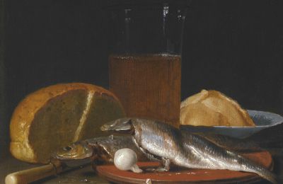 Simon Luttichuys (London 1610 - 1661 Amsterdam), Still life with mackerel, bread, a pewter plate and a glass of beer on a table