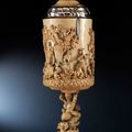 Large, impressive ivory tankard and cover with silver mounts, Probably Southern France, about 1720