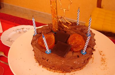 Gâteau au chocolat, mandarine confite et crème brûlé