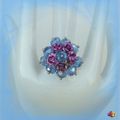 Bague Fleurs Métal Rose Perles Crystal Facettées Bleu Anneau Métal Argenté Ajustable