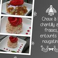 Choux à la chantilly aux fraises, entourés de nougatine