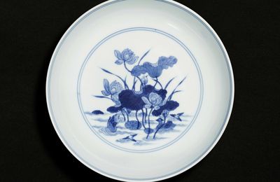 A blue and white 'mandarin duck and lotus' dish, Mark and period of Yongzheng
